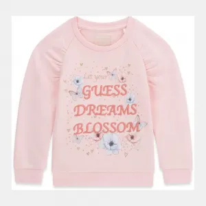Розова блуза за мини момиче с бродиран надпис и цветя Guess