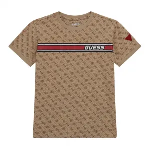 Тениска в бежово за момче покрита с лога и контрастна червена лента отпред Guess