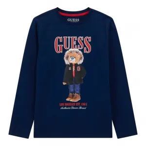 Тъмносиня блуза за момче с цветно мече и надпис Guess