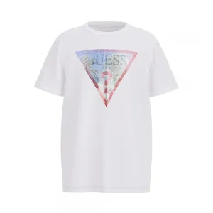 Бяла тениска с рефлектиращо лого с палми за момче Guess