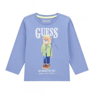 Светло синя блуза за мини момче с цветно мече и бял надпис Guess