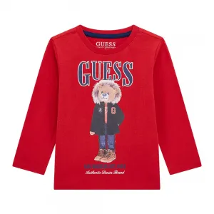 Червена блуза за мини момче с цветно мече и тъмно син надпис Guess
