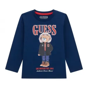 Синя блуза за мини момче с цветно мече и надпис Guess