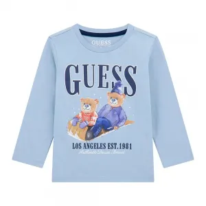 Небесно синя блуза за мини момче с цветно мече и бял надпис Guess