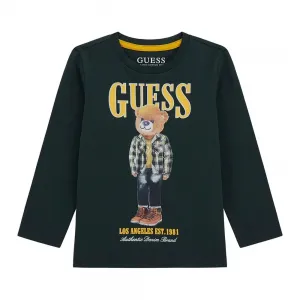 Тъмно зелена блуза за мини момче с цветно мече и жълт надпис Guess