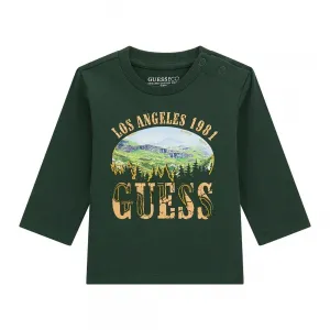 Блуза за мини момче в тъмнозелен цвят с щампа пейзаж и надпис Guess