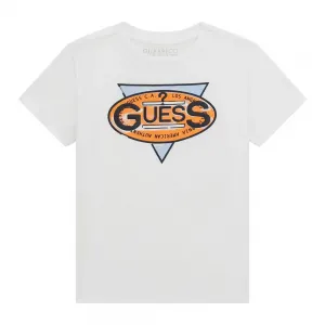 Тениска в бяло за мини момче с оранжево лого Guess