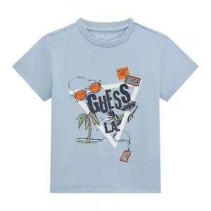 Бледо синя тениска с детайли и бяло лого Guess за мини момче