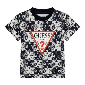 Тениска в тъмно синьо и бяло за мини момче с червено лого Guess