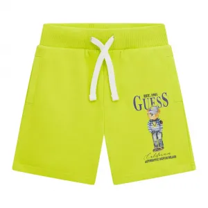 Къси спортни панталони за мини момче в цвят лайм с мече и връзки Guess