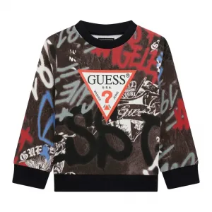 Спортна блуза за мини момче с цветни графити и черни кантове Guess