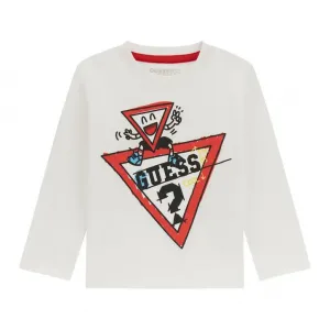 Бяла блуза за бебе момче с цветна забавна апликация Guess
