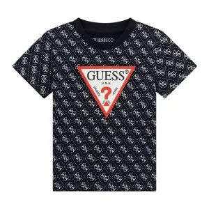 Тъмно синя тениска за мини момче с контрастни лога и червено лого Guess