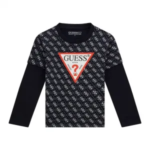 Тъмно синя блуза с дълъг ръкав за мини момче с червено лого Guess
