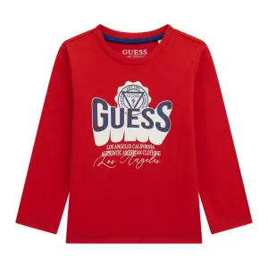 Червена блуза за мини момче с надпис Guess в бяло и синьо
