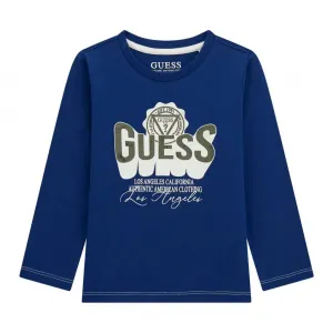 Синя блуза за мини момче с надпис Guess в зелено и бяло
