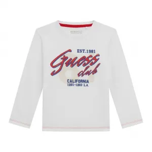Бяла блуза с дълъг ръкав за мини момче с червен надпис Guess