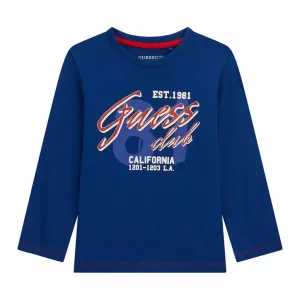 Блуза с дълъг ръкав за мини момче в син цвят с червен надпис Guess