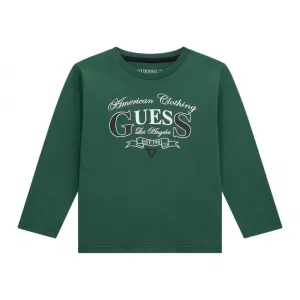 Зелена блуза с дълъг ръкав за мини момче с контрастен надпис Guess