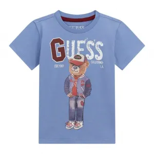 Тениска с къс ръкав за мини момче в син цвят с мече и надпис Guess