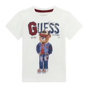 Тениска за мини момче с къс ръкав в бял цвят с мече и надпис Guess