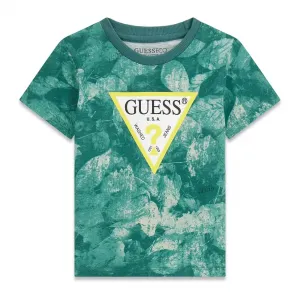 Зелена тениска за мини момче с жълто лого Guess