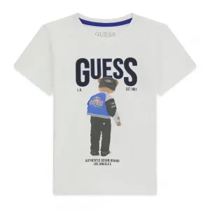 Бяла тениска за мини момче с голямо цветно мече и черен надпис Guess