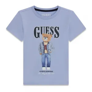 Светло синя тениска за мини момче с голямо цветно мече и тъмно син надпис Guess