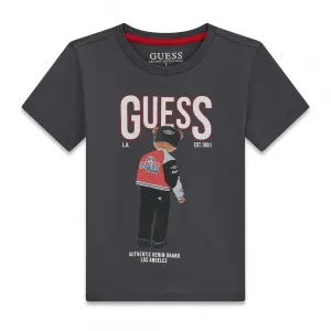 Сива тениска за мини момче с голямо цветно мече и бял надпис Guess