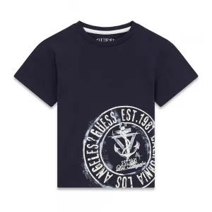 Тъмно синя тениска за мини момче с кръгла бяла щампа Guess