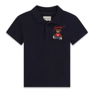 Тъмно синя тениска с яка за мини момче с копчета и бродирано мече Guess