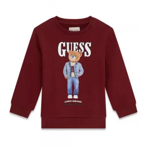 Блуза в цвят бордо за мини момче с цветно мече и бял надпис Guess