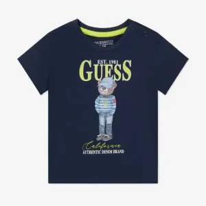 Синя тениска с къс ръкав за мини момче с мече отпред и надписи Guess