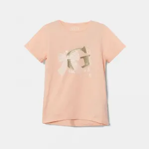 Тениска в прасковен цвят със златисто G и панделка за мини момиче Guess