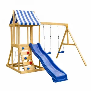 Детски дървен комплект за игра на открито GINGER HOME 4в1 - пързалка 1.8 м, 2 люлки, катерушка и въжена мрежа, 308х318х244 см