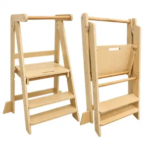 Монтесори кула за деца GINGER HOME, сгъваемо помощно столче за кухня, Learning Tower, безопасна детска стълба, масивно натурално дърво, 51x37x92 см