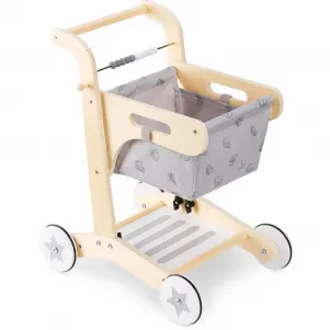 Детска дървена проходилка GINGER HOME, Количка за пазаруване с кош, играчка за бутане, монтесори, 52 см