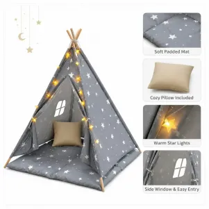 Детска памучна палатка GINGER HOME Little Stars, Типи, сива със звезди, 100% памук, с мека подложка с пълнеж, възглавница и LED лампички, 120x120x160 см