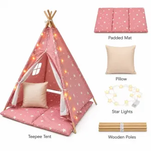 Детска памучна палатка GINGER HOME LITTLE STARS, Типи, розова със звезди, 100% памук, с мека подложка с пълнеж, възглавница и LED лампички, 120x120x160 см