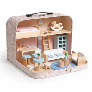 Детска дървена къща куфар GINGER HOME, преносима мини къща за кукли с мебели и аксесоари, розова, 30.5x20.5x10.5 см
