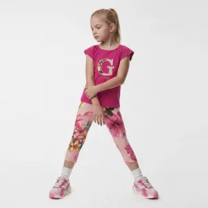 Цикламена тениска с G за мини момиче с клин цветя Guess