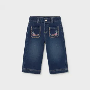 Детски дънки с широки крачоли и красива флорална бродерия – Тъмносин деним