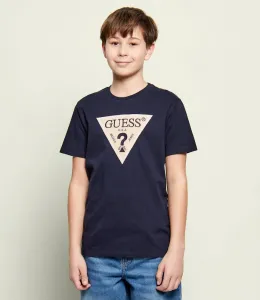 Тъмносиня тениска за момче с бежово лого Guess