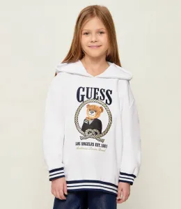 Бял суичър с качулка и тъмно сини детайли и цветно мече Guess