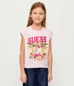 Розова Oversize тениска за момиче с коте и кристали Guess