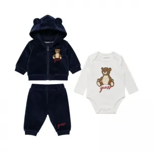 Бебешки тъмносин комплект от 3 части с качулка с ушички и мече Guess Bear