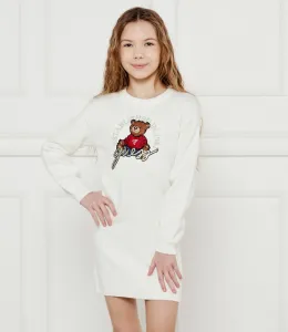 Трикотажна рокля за момиче в бял цвят с голямо мече отпред и надпис Guess