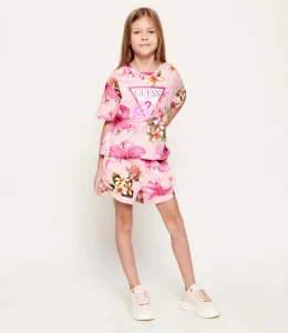 Къса тениска за момиче в розово с цветя и лого Guess Love