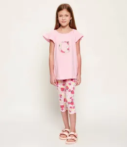 Розова тениска с G за мини момиче с раиран клин плодове Guess