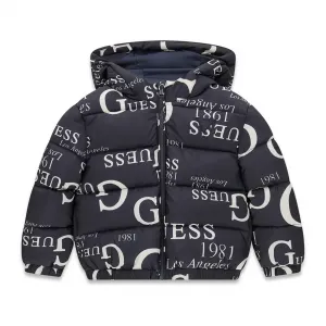 Детско Oversize яке с качулка и графични лога Guess в тъмносиньо